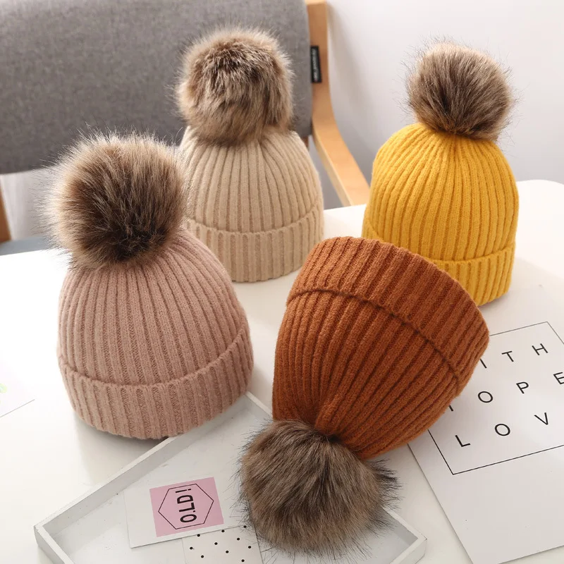 

Winter Solid Color Warm Woolen Turban Hat Baby Hairball Elastic Headband Caps for Boy Girl Newborn Photography Props Accessories