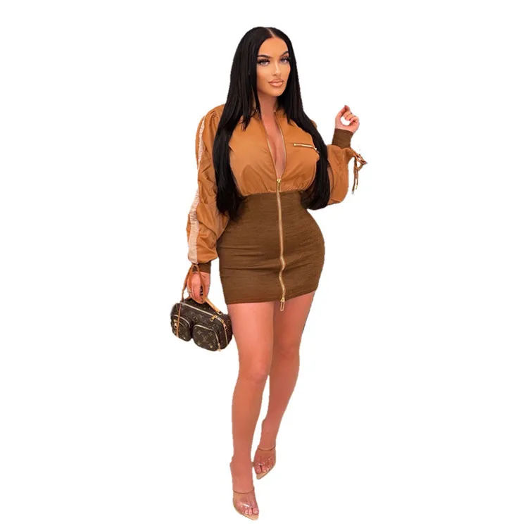 Женское облегающее платье с молнией спереди мини-платье в стиле пэчворк одежда