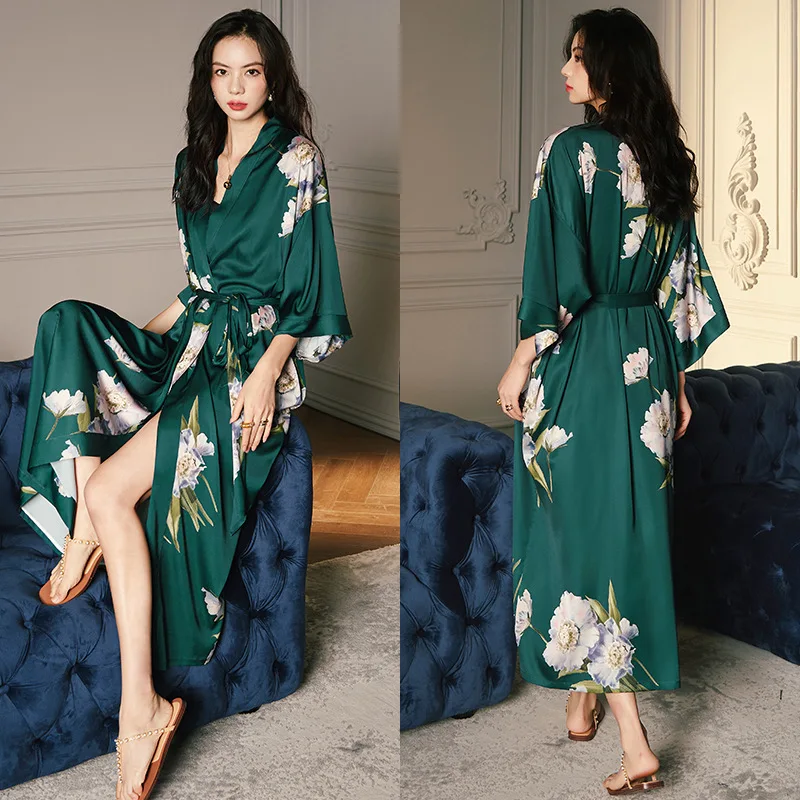 Robes Women Bathrobe Long Robe Silk Printed Wedding Bride Bridesmaid Dressing Gown Rayon Kimono Night Dress Spring Lingerie