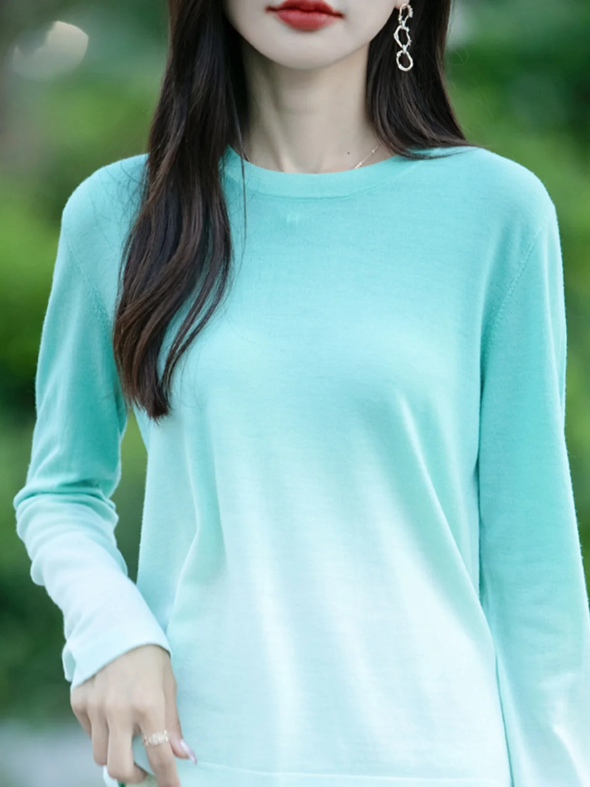 Dopamine Long sleeves Shirt Women Slimming Shoulder Bottoming Thin round Neck Knit Gradient Color Super Nice Sweater