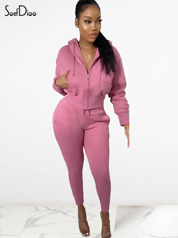 

Soefdioo однотонный флисовый комплект из двух предметов, женские повседневные куртки на молнии с капюшоном и длинным рукавом и штаны на шнурке, ...