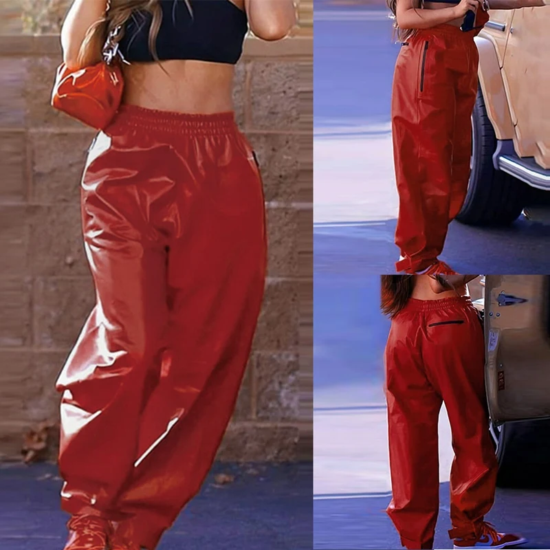 

ASDS-Red Artificial Pu Leather High Waist Straight Leg Pants Ladies Casual Pants Autumn Winter Zipper Pocket Trousers