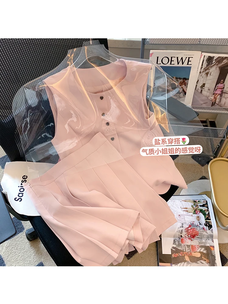 

2022 Autumn Women Elegant Solid Color Two Piece Set Female Sleeveless Crew-neck Top+ High Waist Classic A-line Pleated Skirts