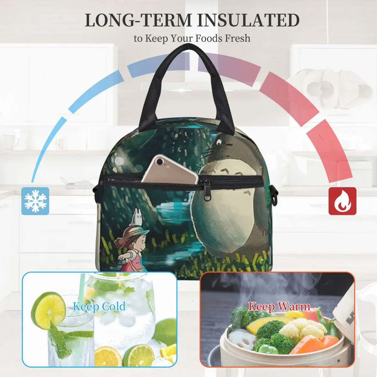 

My Neighbor Totoro Lunch Bag with Handle Japanese Cartoon Camping Cooler Bag Zipper Meal Reusable Thermal Bag