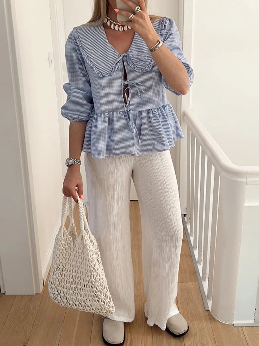 Новая модная женская блузка элегантные клетчатые Топы с коротким рукавом и