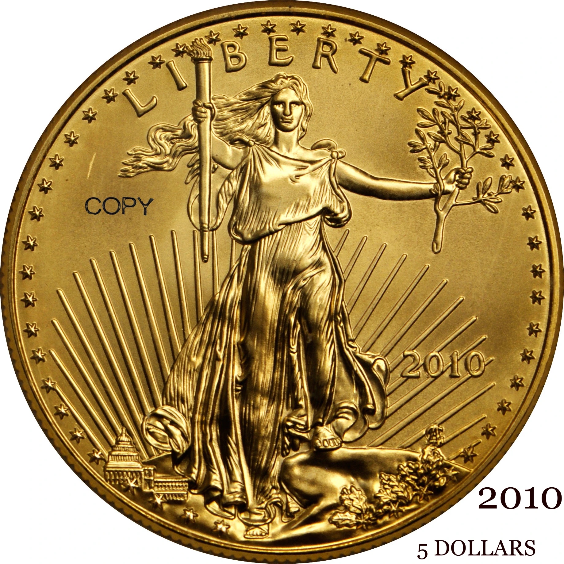 United States 2010 5 Five Dollars 1/10 ounce American Gold Eagle Bullion Coinage USA Liberty  Brass Metal Copy Coin