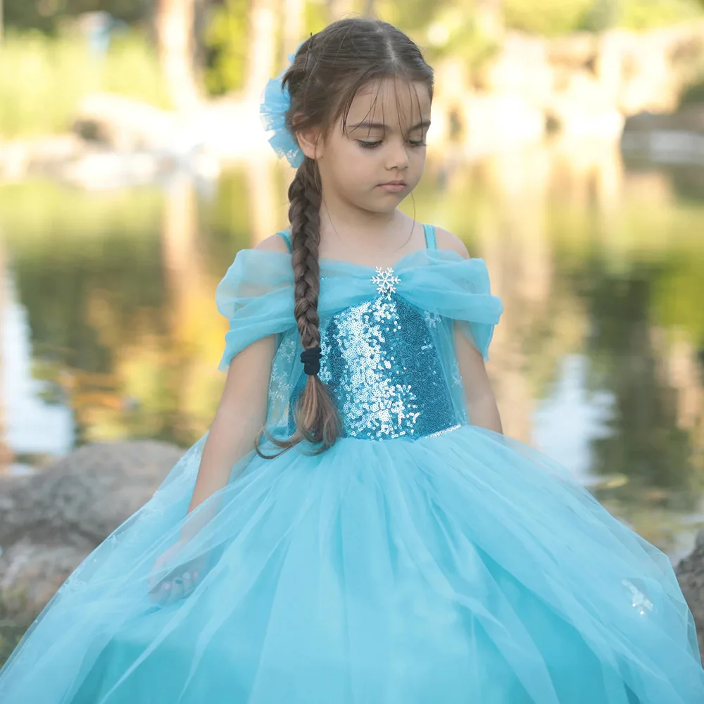 

Princess Flower Girls Dresses 2023 Off-The-Shoulder Crystal Tulle Kid Wedding Party Dress A-Line Sequin Child Christmas Gowns