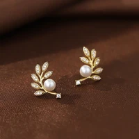 simple temperament small leaf pearl earrings ladies fashion elegant pink zircon earrings all match jewelry