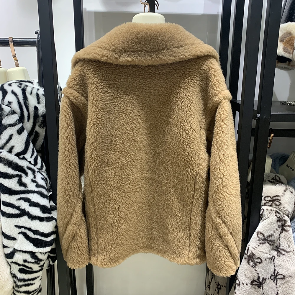 Women Jacket Teddy Bear Coat Winter Coat Female Casual Double Breasted Real Wool Fur Oversize Ladies Alpaca Mid-length Outwears