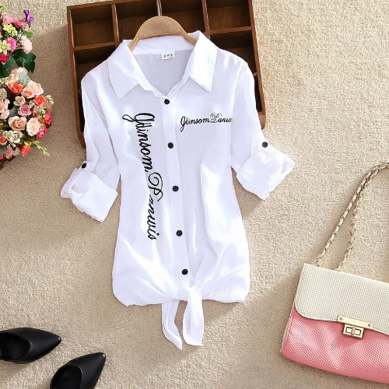

2023 Women Shirts White Blouses Kimono Summer Top Women Letter Printed Shirts Sleeve Turn Down Collar Casual Print Cardigan