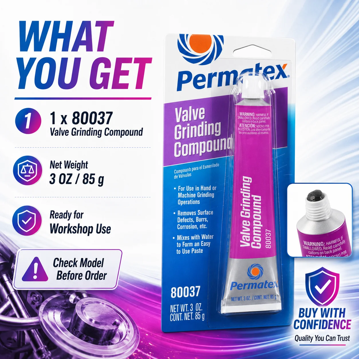 Смазка для притирки клапанов Permatex 80037, 85 г (3 унции), средство для удаления дефектов поверхности при ремонте клапанов малолитражных автомобильных двигателей (art.: 3920db2829ec8) - 3920db2829ec8
