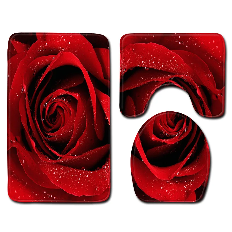 

Valentine's Day Red Rose Bath Mat Bathmate Anti Slip Bathroom Rugs 3D Toilet Mat Kitchen Doormat Carpet Toillete Seat Cover