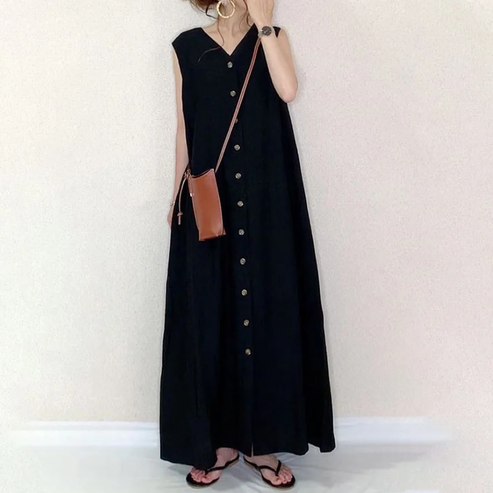 

Платье женское однотонное с V-образным вырезом, модный однобортный пуловер без рукавов, Свободный Повседневный Элегантный шикарный Дамский...