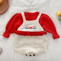 1st Birthday Cute Baby Girl Outfits Red Knitted Sweater + Flower Embrodiery Bodysuit Two Pieces Fall Infant Clothing