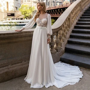 LoveDress O-Neck Chiffon Wedding Dresses Long Sleeve Lace Appliques Belt Beach Pleats Bride Gowns Illusion Backless Button Train