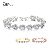 zakol 3 colors fashion elegant water drop shape cubic zirconia strand bracelet bangles for women bridal wedding jewelry bp099