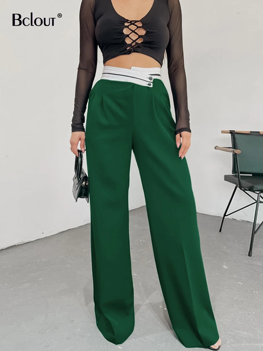 

Bclout Elegant Green Pants Women 2023 Fashion Patchwork Office Lady Pleated Long Pants Summer Loose Asymmetry Trousers Female