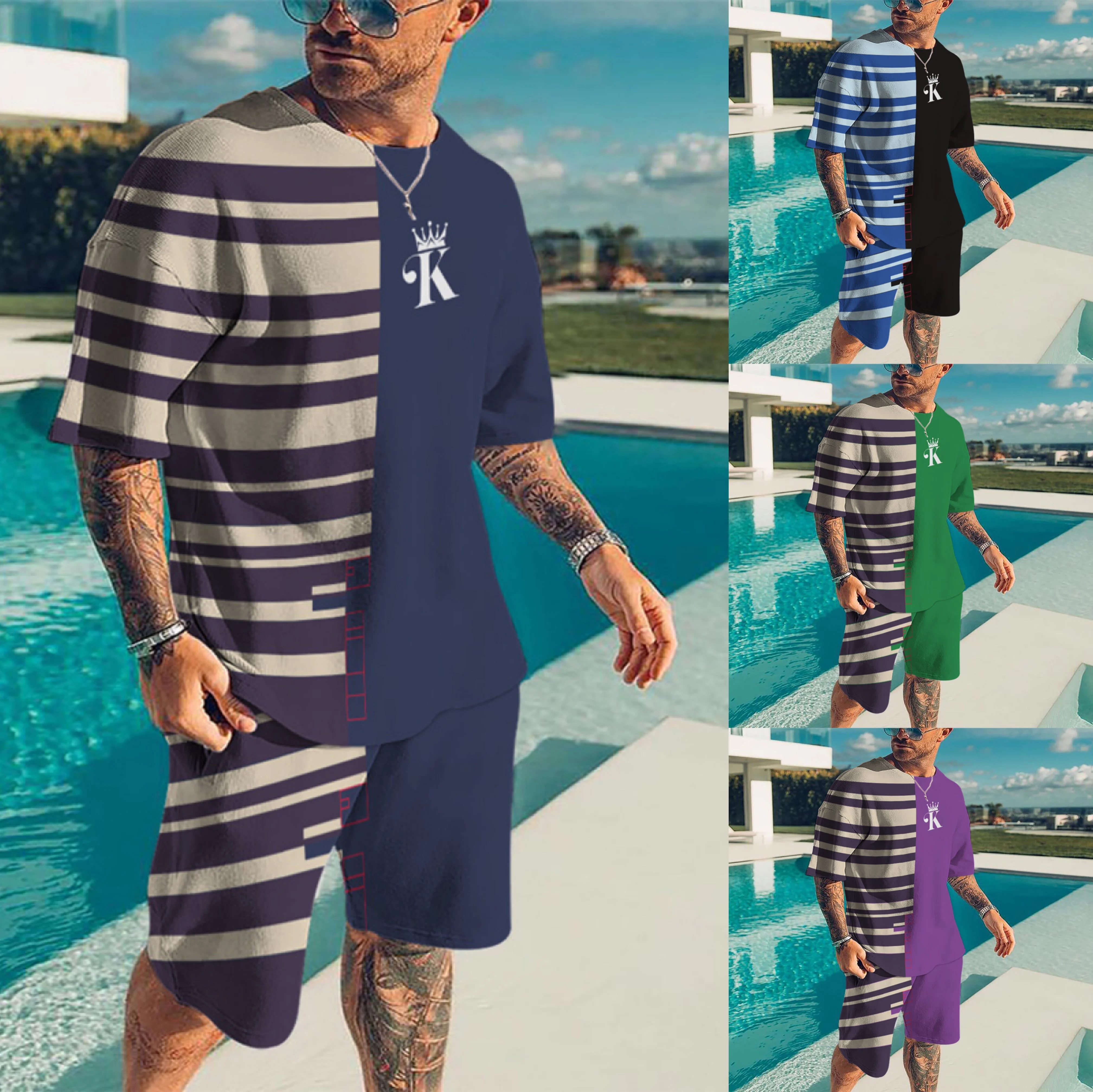 

Men's Sports Suit T-shirt + Shorts Workout Clothes 2-piece Set of Multicolor 3D Stripe Contrasting colors Pattern Short-sleeved