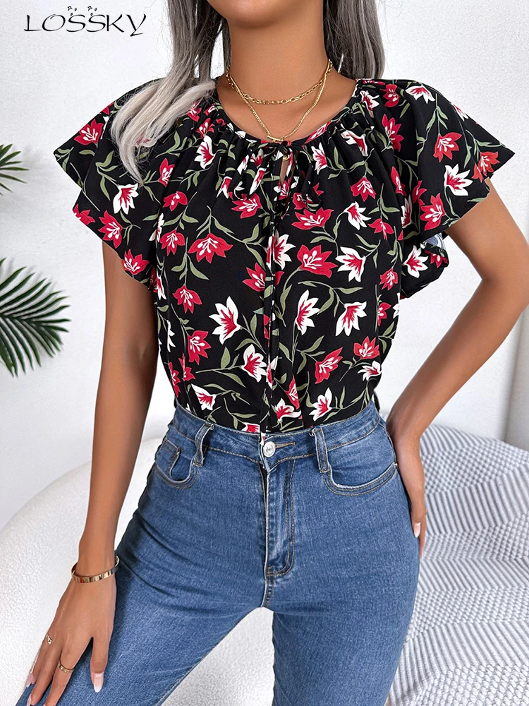 

Summer Chiffon Blouses For Women Elegant White Ruffle Short Sleeve Top Youth Floral Shirt Fashion Clothes For Women 2023 New