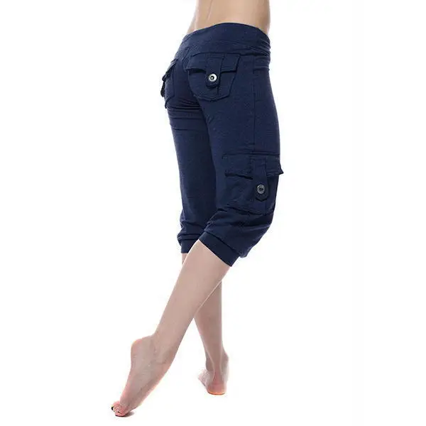 

Women's Elastic Waist Button Pocket Yoga Cropped Pants