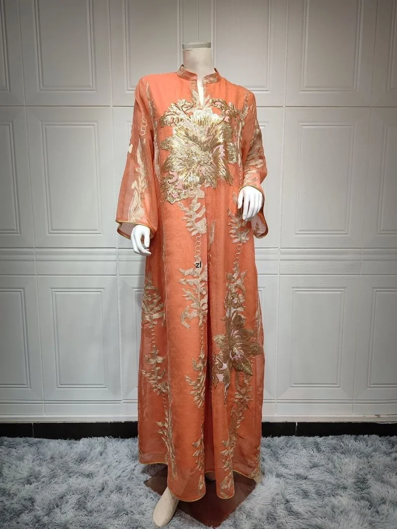 Ramadan Sequins Dubai Abaya Jalabiya Muslim Women Islamic Dress Imitation Linen Emboridery Moroccan Kaftan Evening Party Dresses