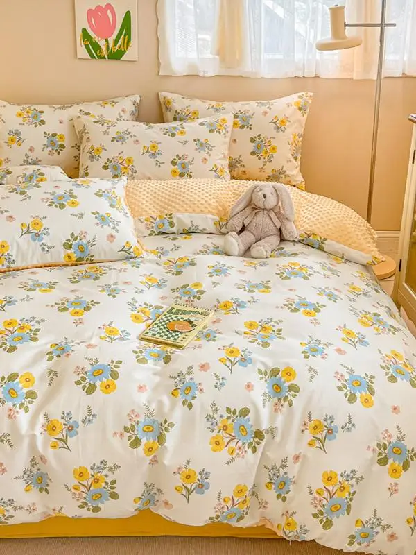 Korean sle Ins Retro Small Floral Cotton Beanie Warm Fleece .5 Quilt Cover Pure plus Milk Velvet Double Bed C...