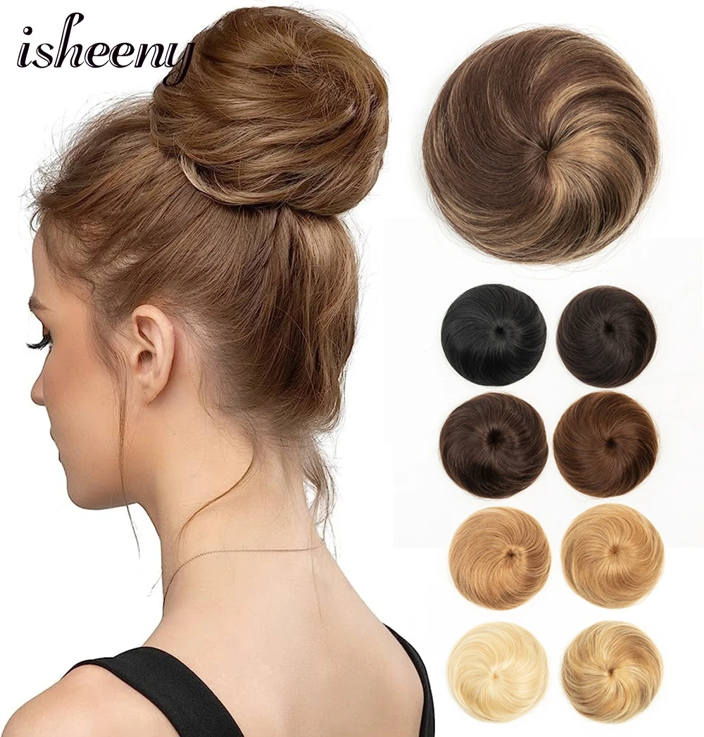 

Isheeny Real Human Hair Buns Extensions Straight Drawstring Ponytail Clip In Hairpieces Chignon Donut Updo Hair Pieces for Women