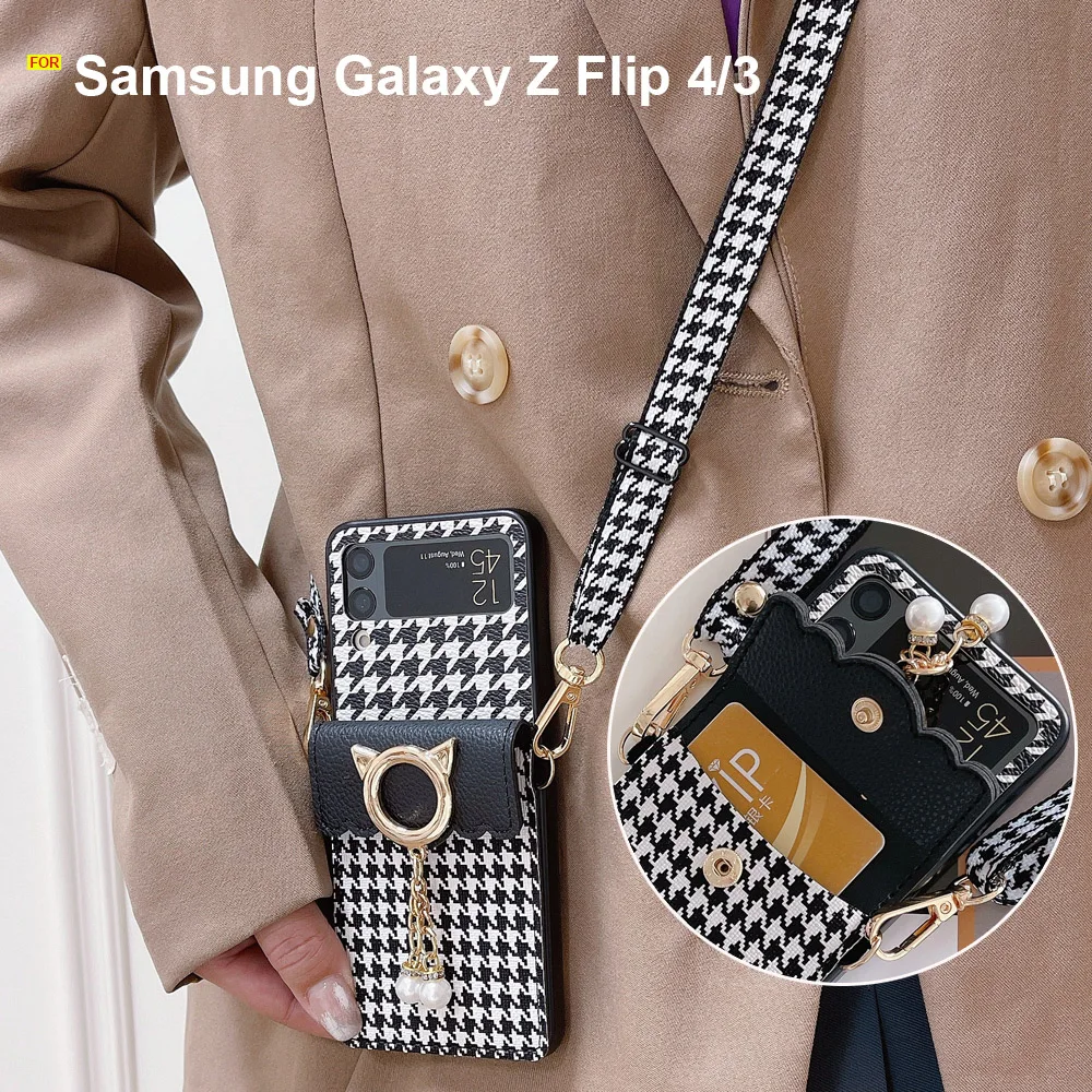 

For Samsung Galaxy Z Flip 4G 5 4 zFlip4 5G Luxury Fashion Houndstooth Leather Crossbody Long Strap Cat Card Bag Purse Case Cover