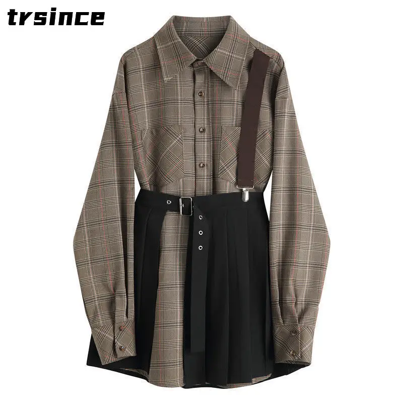 

Женское плиссированное платье из двух частей, клетчатое Свободное платье с отложным воротником и длинным рукавом, весна-осень 2022