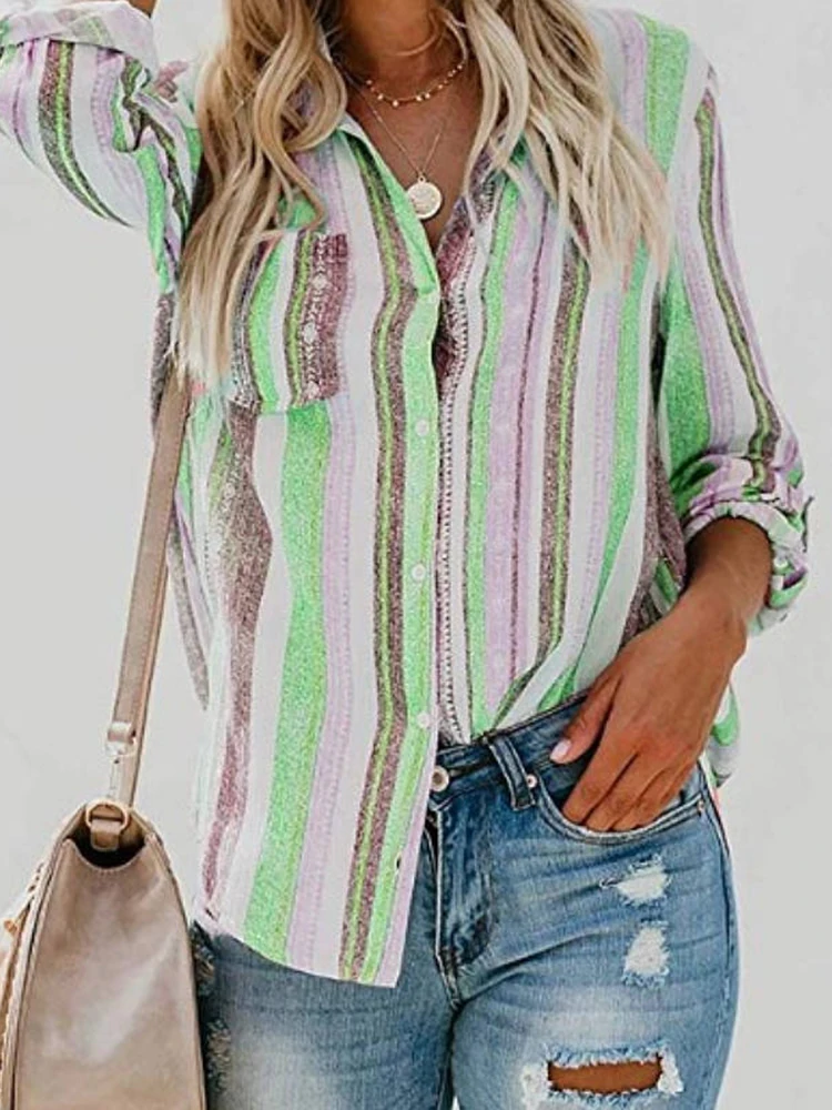 

Модные полосатые женские блузки, летние рубашки с длинным рукавом, повседневные свободные рубашки на пуговицах, Женские винтажные топы с отворотом и карманами