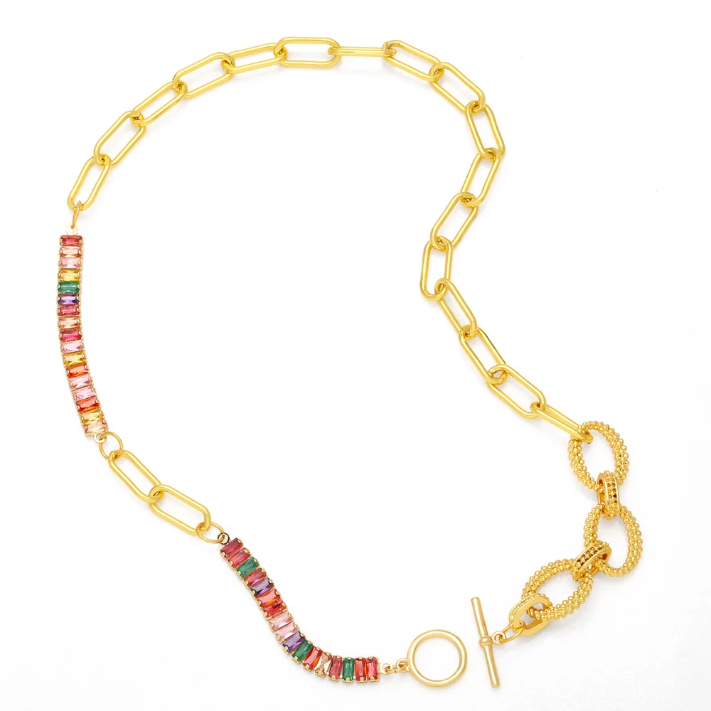 

FLOLA массивное Радужное хрустальное ожерелье для женщин медное позолоченное звено цепь короткое ожерелье чокер CZ Ювелирные изделия Подарки nkeb486