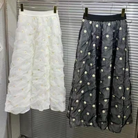 new 2022 summer fashion style skirts high quality women elastic waist sweet floral embroidery mid calf white black skirts casual