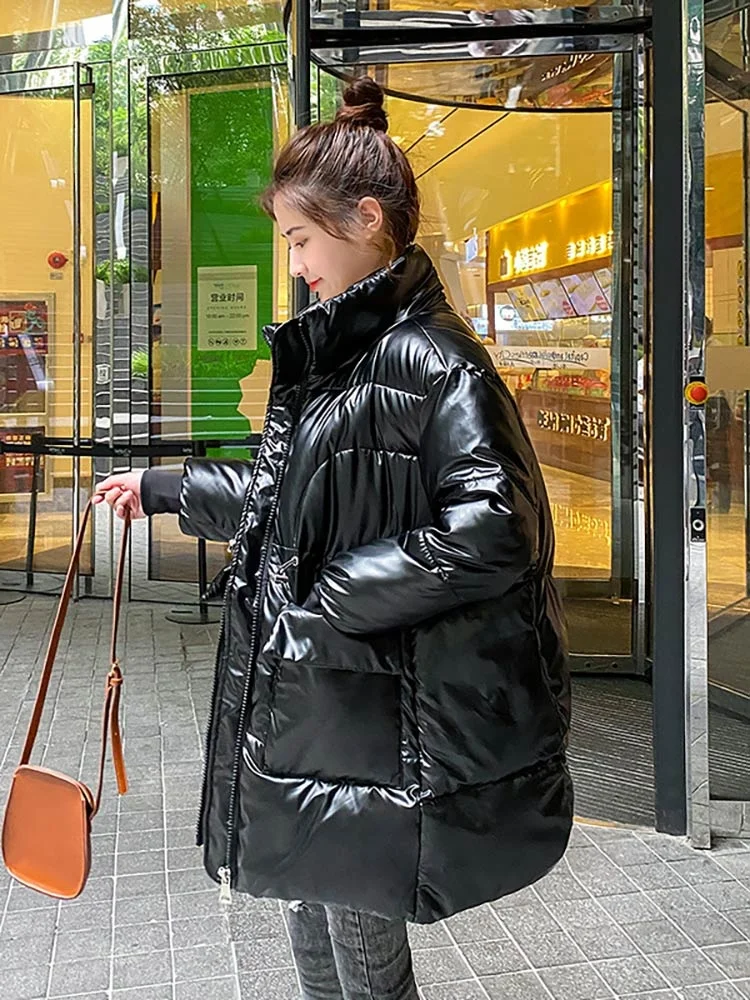 2022 Women Winter Long Jacket Parkas Bright Shiny Stand Collar Warm Thicken Padded Female Coat Korean Casual Clothes