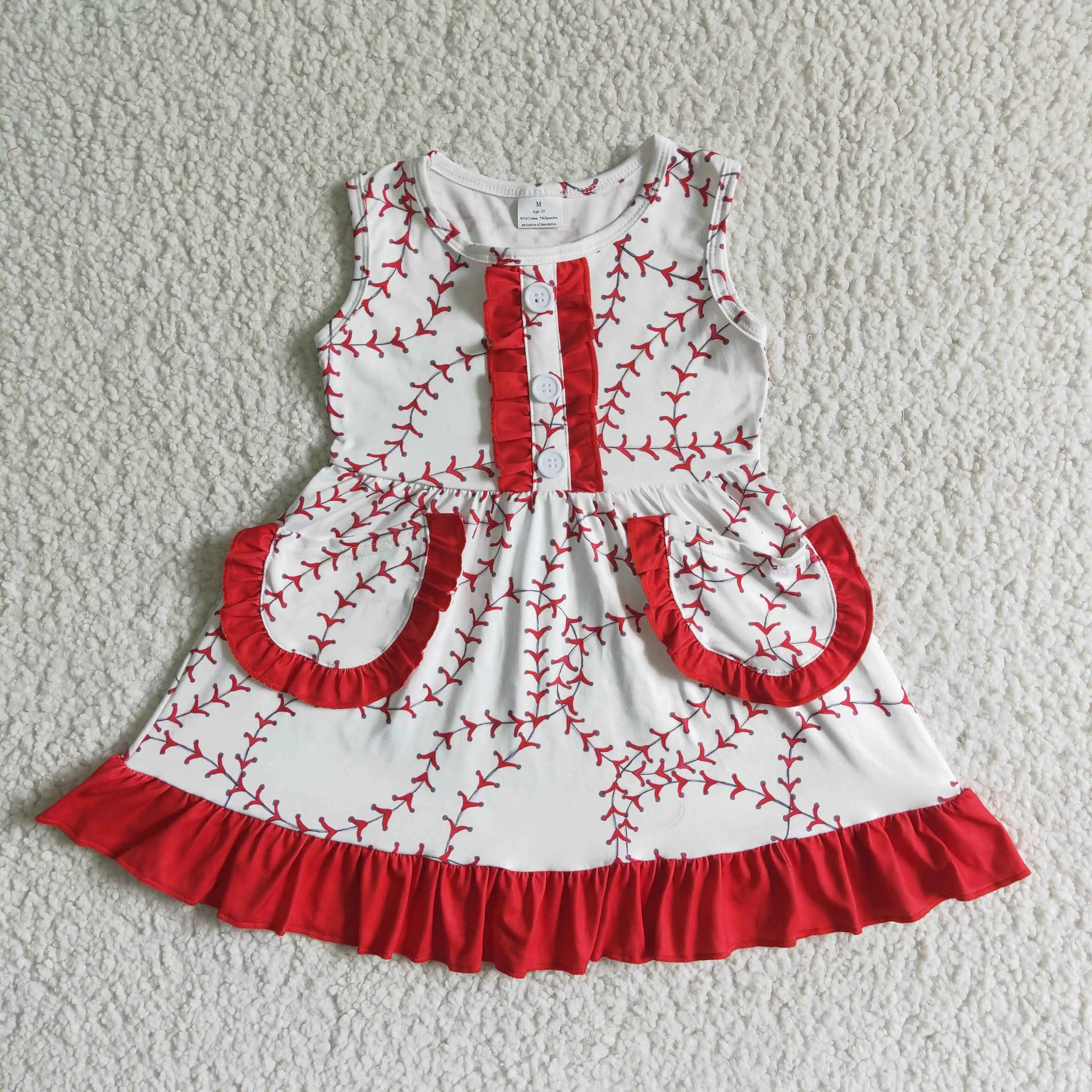 

Summer girls dresses softball sleeveless with pockets ruffles new design boutique childrens clothing dresses for girls