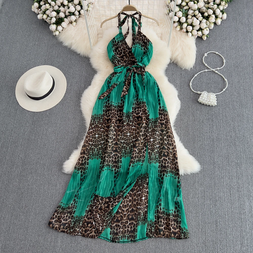 

Clothland Women Sexy Leopard Halter Vestido Bow Tie Backless Animal Print Party Club Chic Ankle Length Vestidos WA71