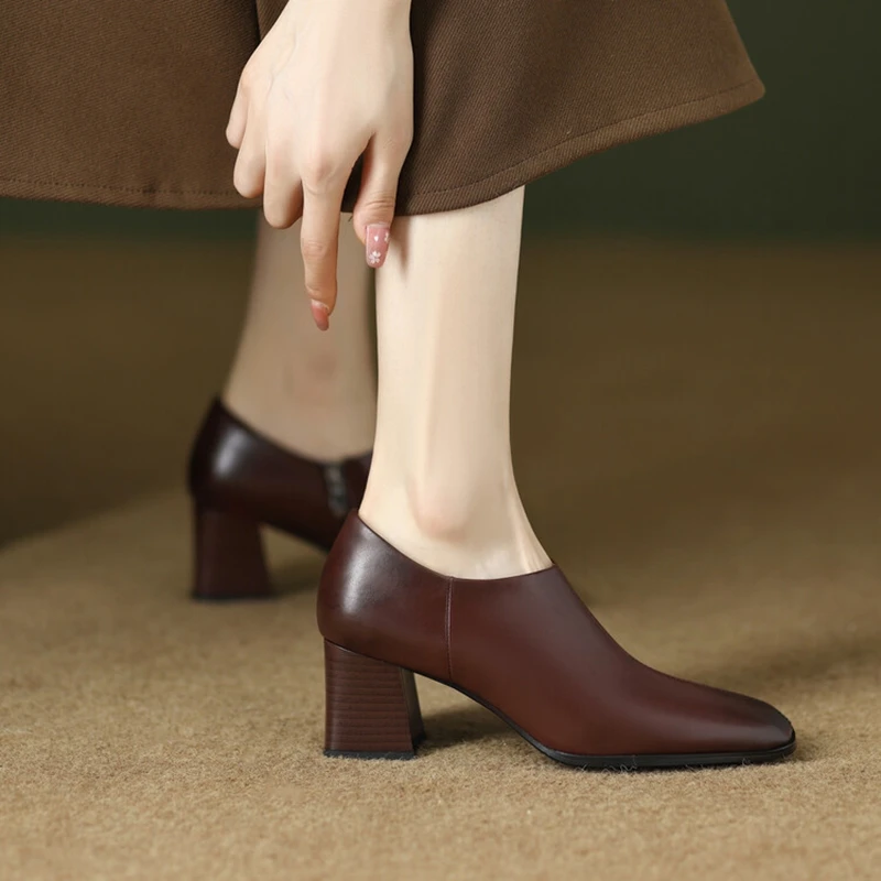 NEW Autumn Women Boots Split Leather Boots Women Square Toe Chunky Heel Modern Boots Black High Heel Ankle Boots botines mujer