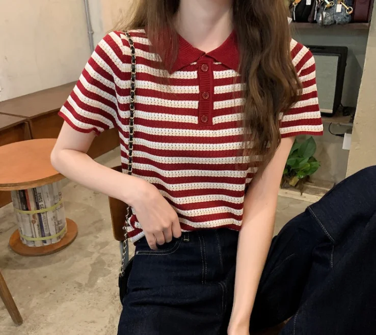

Striped ins Slim Fit Knitted Short Sleeve T-shirt for Women