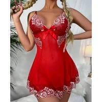 2022 summer women bow decor embroidery lace sheer mesh babydoll summer sexy lace bedroom clothes sleepwear mini dress night gown