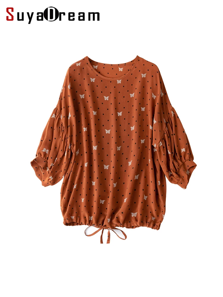 

SuyaDream Woman Summer Blouses 100%Silk Crepe De Chine Slash Neck Lantern Sleeves Dots Printed Shirts 2022 Spring Summer Top