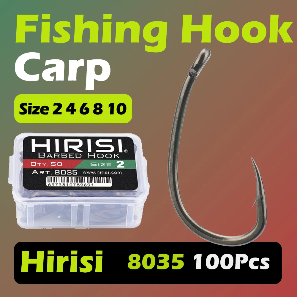 Фото Рыболовные крючки Hirisi 8035, 100 шт., из высокоуглеродистой стали с PTFE-покрытием, с микро-зубцами и ушком, с соединяемым контейнером для хранения, рыболовные аксессуары №1