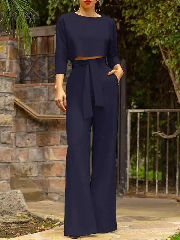 

ZANZEA 2 Pieces Women Summer Crop Tops Wide Leg Pants Sets Elegant OL Work Suits Fashion Solid Urban Tracksuit Trousers Suits