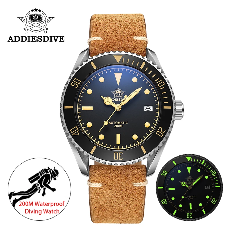 

Мужские Роскошные часы Addies Dive с сапфировым стеклом 200 м, матовые черные наручные часы с коричневым кожаным ремешком, супер светящиеся часы C3