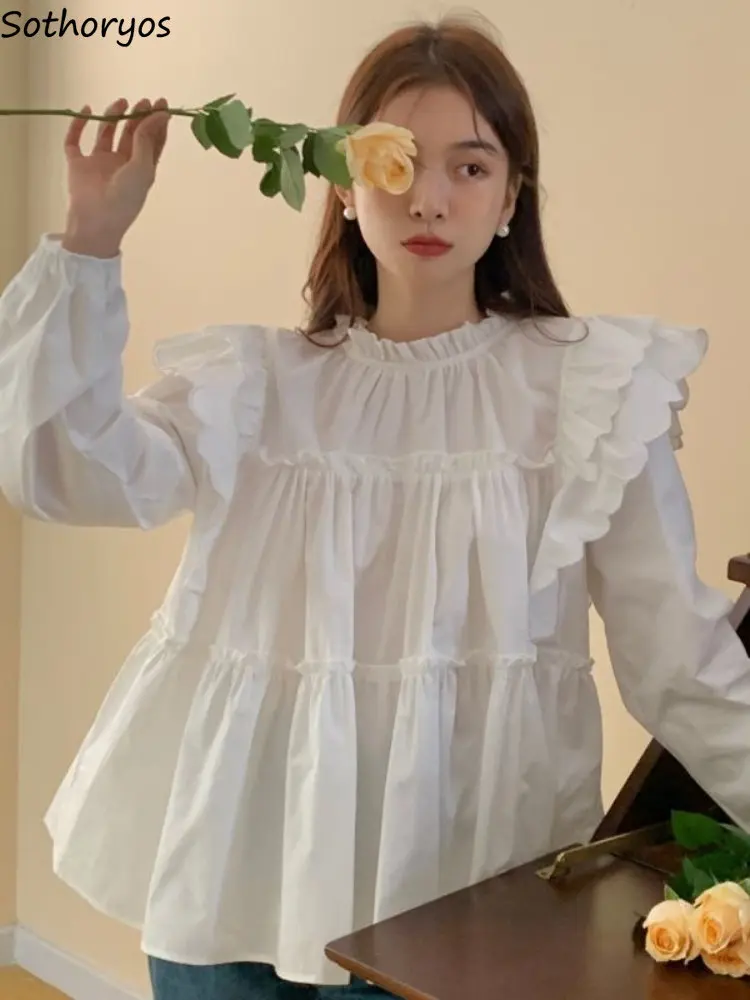 

Blouses Women Sweet Simple Loose Design Pure Daily All-match Folds Temperament Korean Style Ladies Casual Creativity Spring New