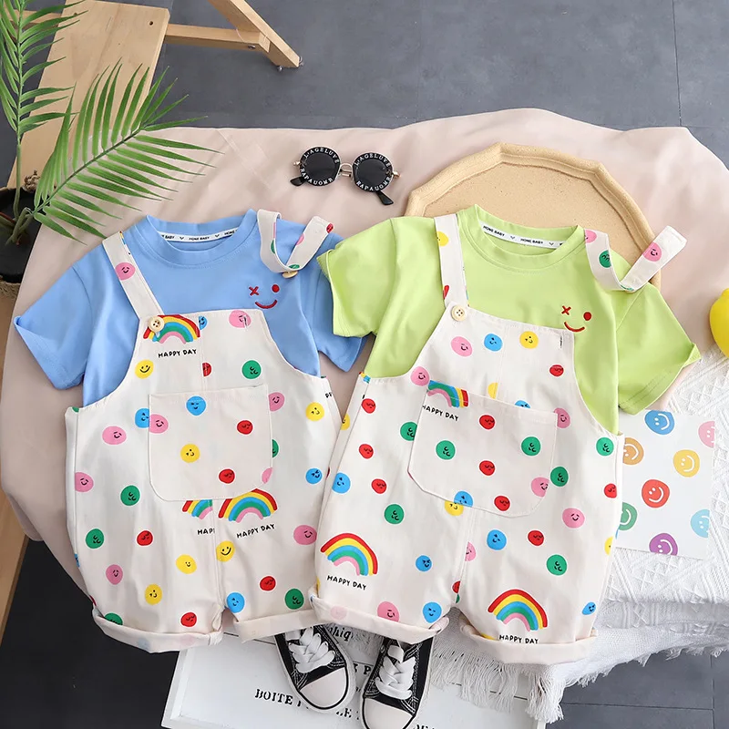 

Summer Boys' Casual Set Short Sleeve Smiling Face Strap Pants Children's Stripe Korean Version Clothing Children's Clothing