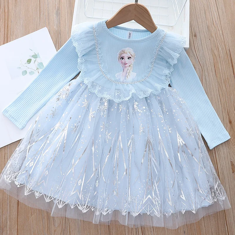 

Girls Elsa Princess Dresses 2022 New Spring Lace Cartoon Frozen Long Sleeve Dress 2-6 Years vestidos Children Elegant Clothes