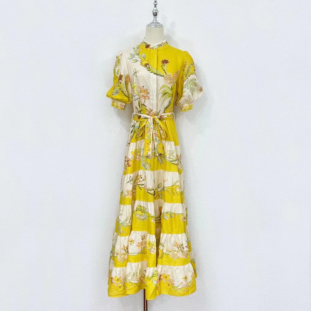

High Quality Autumn Women Fashion Runway Linen Long Dress Holiday Flowers Printed Belt Beach Holiday Dresses