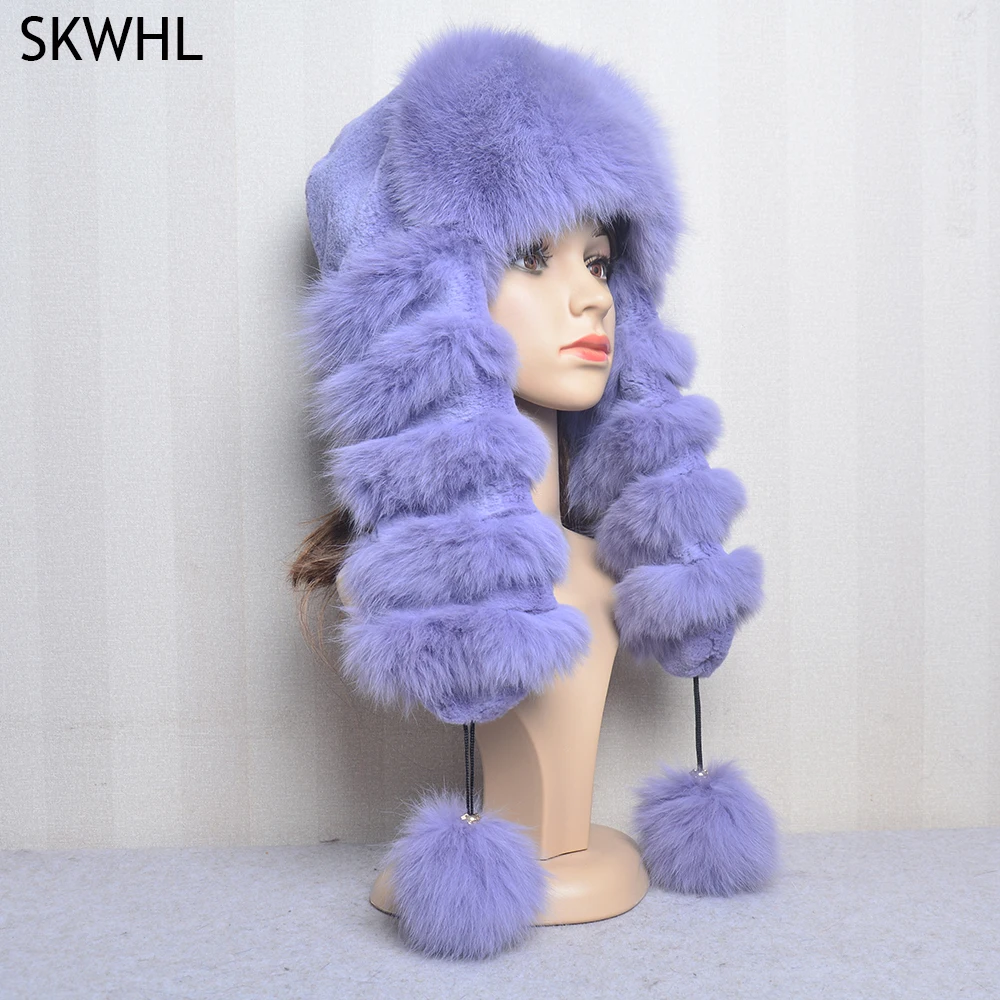 Ushanka Hat Stylish Russia Bomber Fur Cap Natural Fox Rabbit Fur Earflap Winter Hats Women