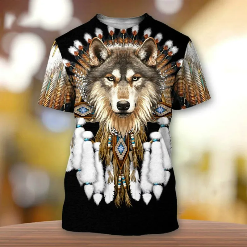 

Summer 2022 European and American fashion print Feather Wolf undercoat Trend street style men's casual short sleeve T-shirt