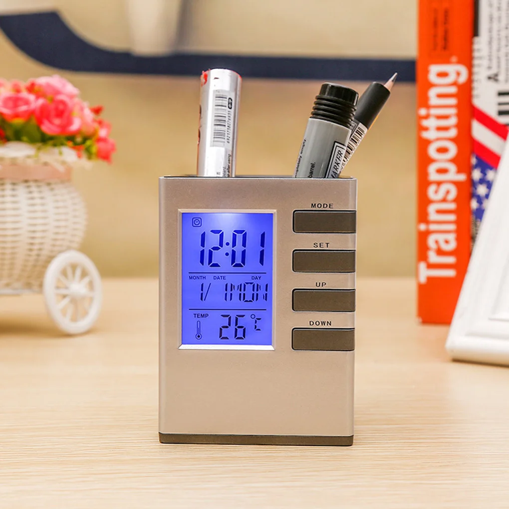 

LCD Screen Display Table Digital Clock Desk Alarm Calendar Thermometer Clock Office Home Pen Holder