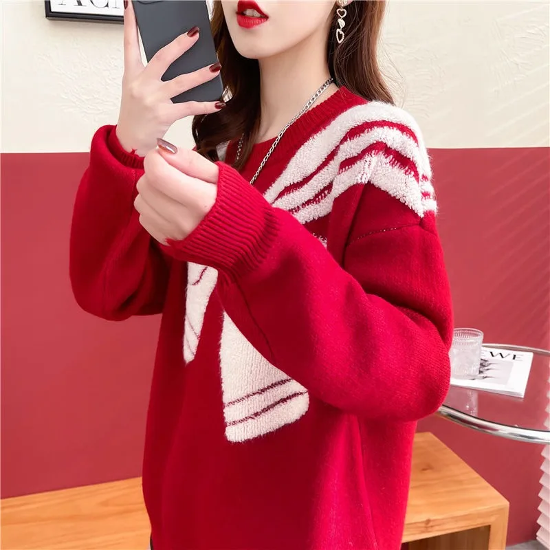 Женский вязаный свитер с бантом DAYIFUN свободные джемперы круглым вырезом и